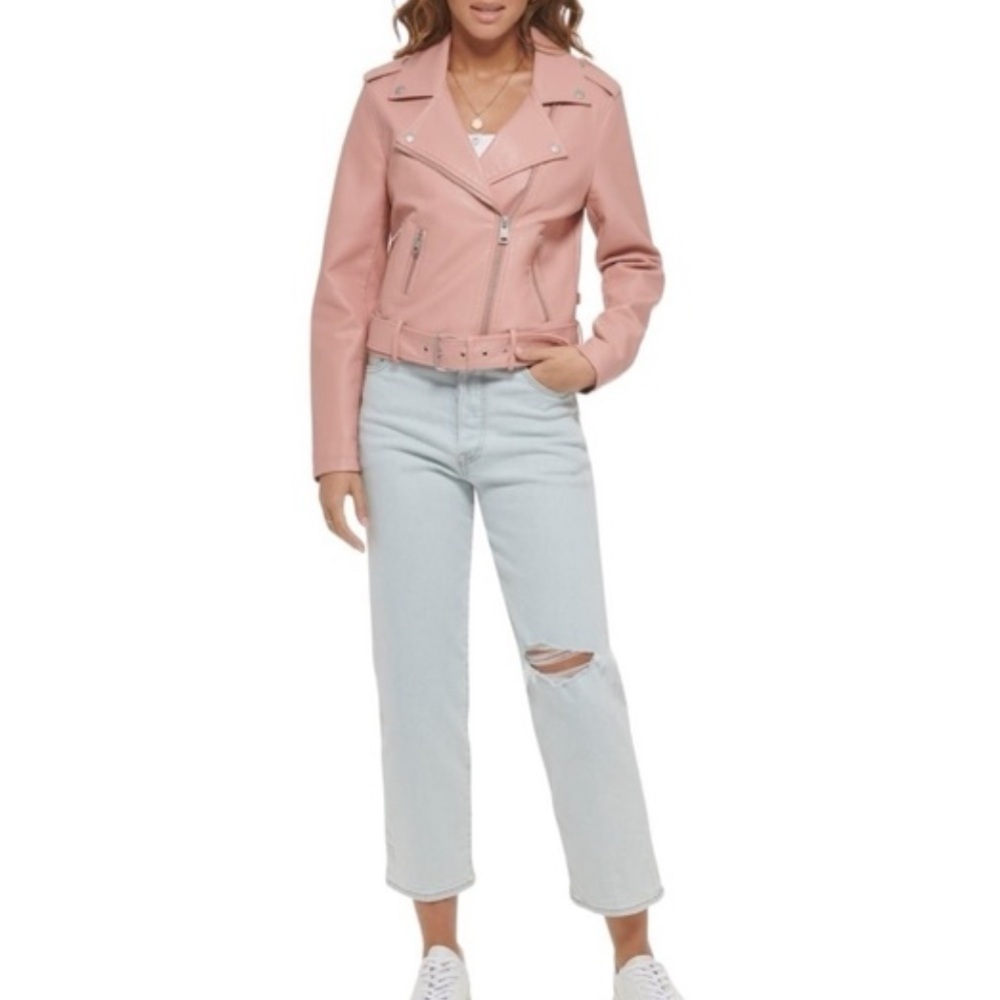 Levi's Faux Leather Fashion Belted Moto Jacket Cameo Pink- M - Picture 4 of 10
